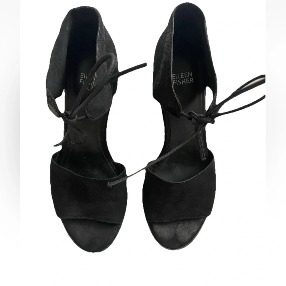 Eileen Fisher Ann Black Suede Tumbled Nubuck Ankle Tie Sandals Sz 7.5 Block Heel